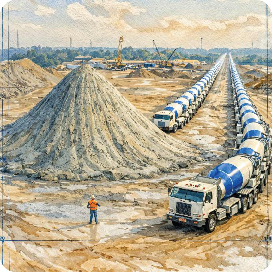 Concrete mixer trucks and sand pile